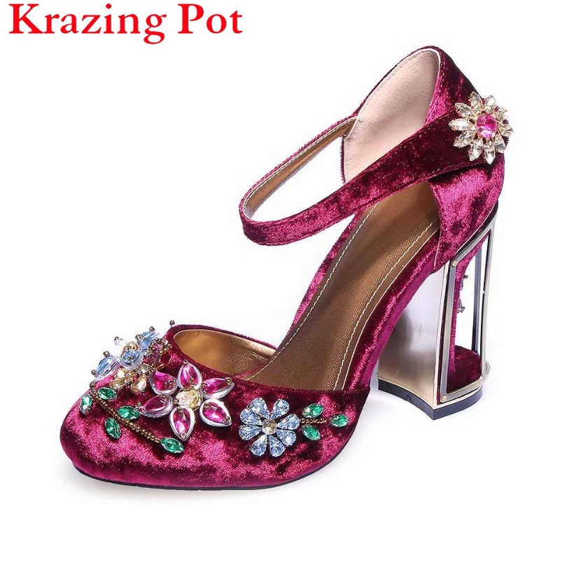 

Superstar Shoes Beading Flower Crystal Bird Cage High Heels Round Toe Velvet Women Pumps Brand Shoes Luxury big Size Sandals L70