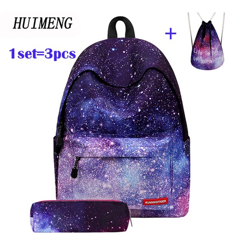 

HUIMENG Backpack Universe Space Unicorn Backpack With Drawstring Bag and Pencil Case 3pcs Sets High Quality mochila feminina