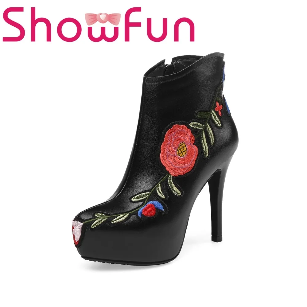 

Showfun genuine leather shoes woman winter solid ankle pointed toe zipper super high thin heel boots