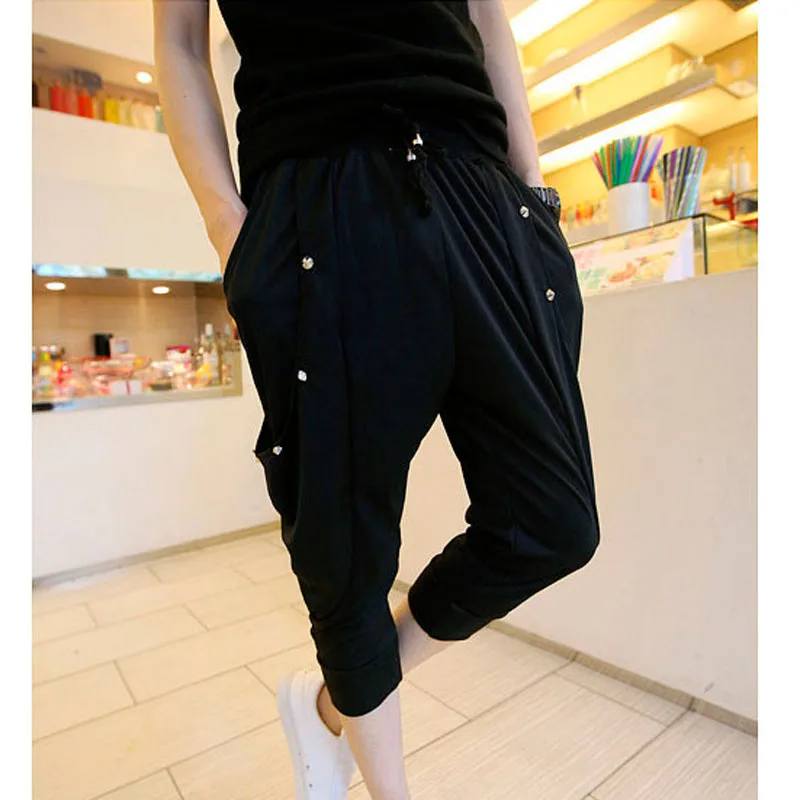 Idopy мужские корейские панковские модные готические стильные шаровары длиной до середины икры с шипами, свободные мужские брюки с заниженным шаговым швом