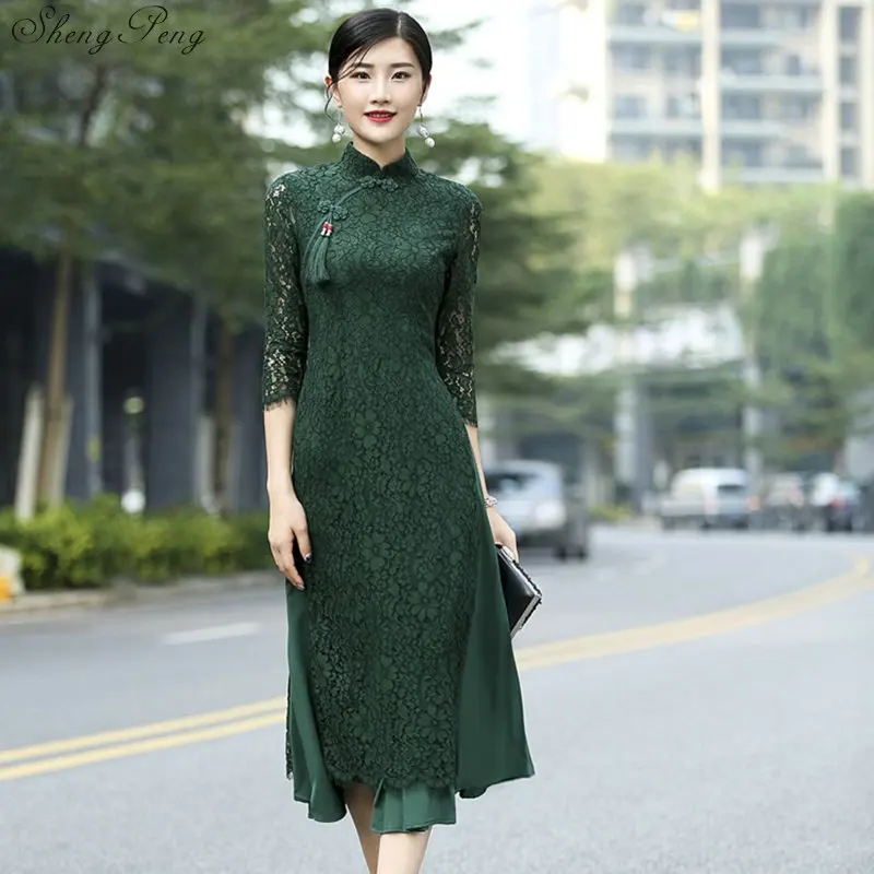 

Traditional vietnam ao dai elegant lace slim long dress women cheongsam modern cheongsam party dresses qipao aodai Q306