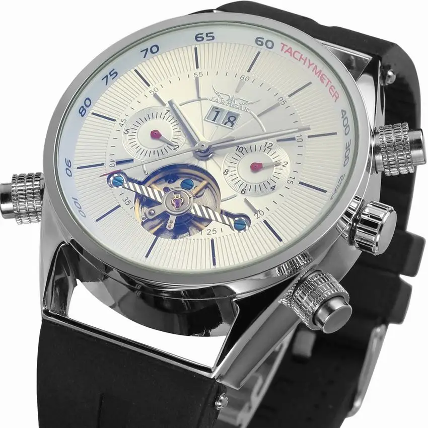 

JARAGAR Mechanical Watches Men Luxury Brand Automatic Tourbillon Watch Calendar Day Week Rubber Relogio Masculino 2018