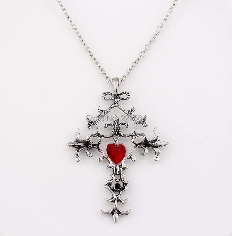 Unique Silver and Red Heart with Cross Pendant