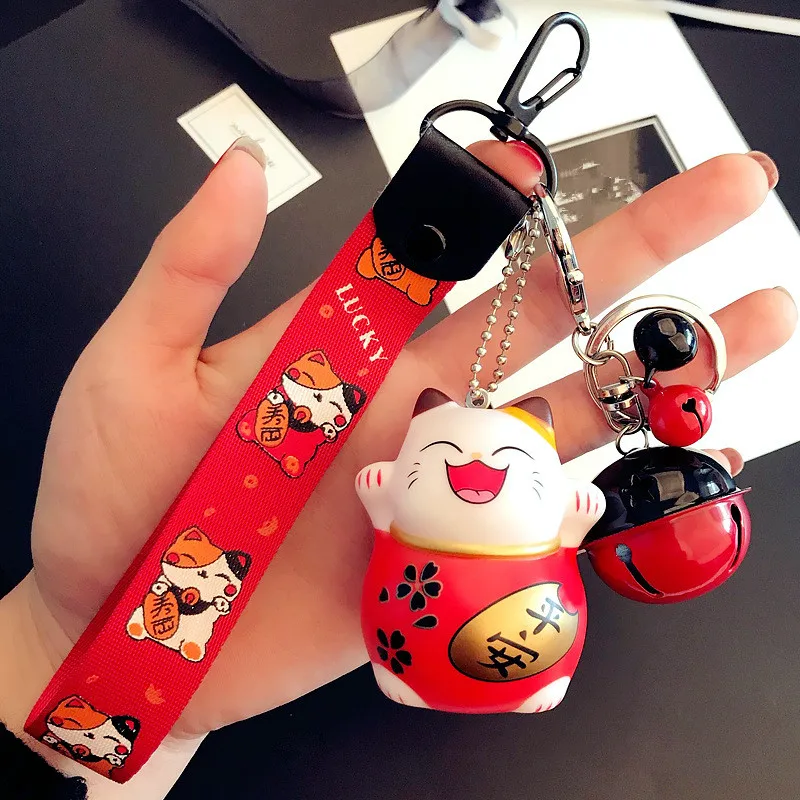 

1PC Cat Key Chain Red Maneki Fortune Lucky Beckoning Cat Bell Cartoon Key Ring Pendant Gift For Men and Women YLM9553