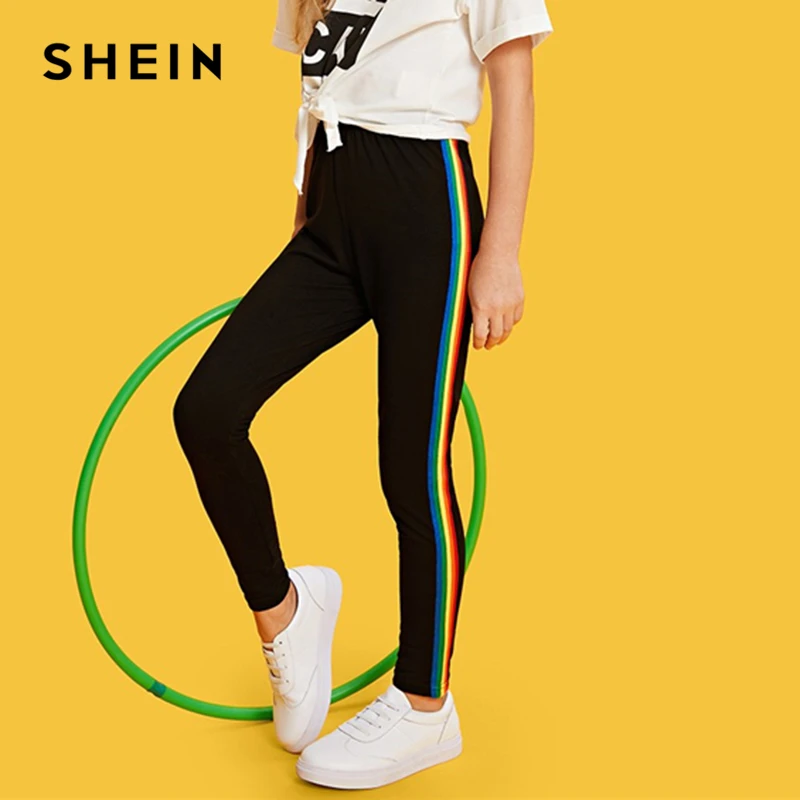 SHEIN/ г.; черные повседневные штаны в радужную полоску с лентой по бокам; леггинсы для девочек; одежда для активного отдыха; брюки с эластичной резинкой на талии; одежда для детей