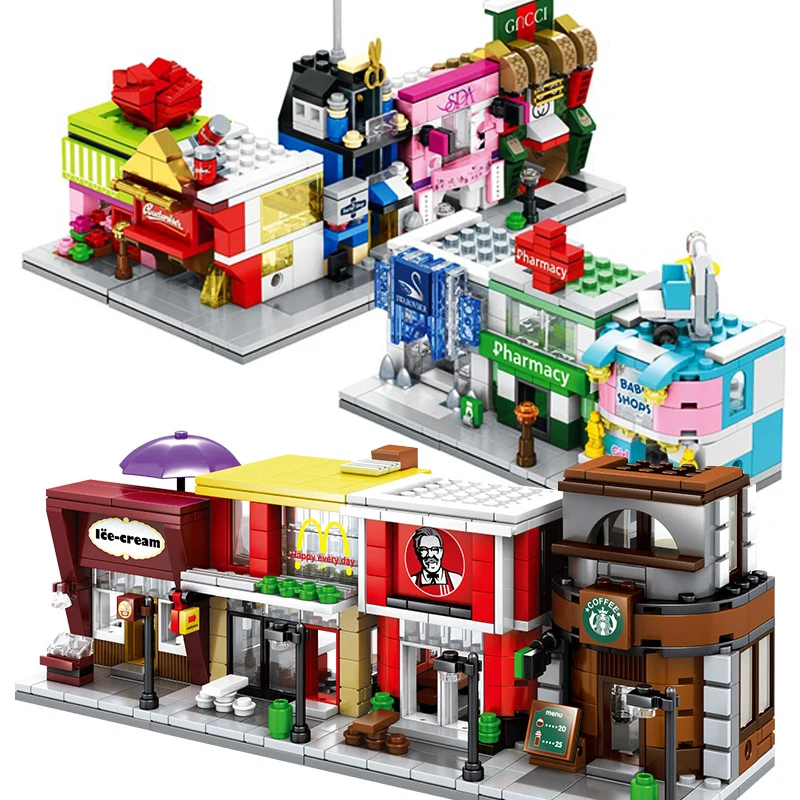 

compatible legoed model street building store kits ornament blocks architectural shops mini scene sets kids toys for children