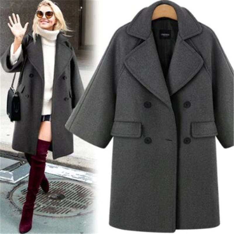 

2019 Autumn and winter new European and American classic fashion lapel loose seven-part double-breasted woolen coat c349