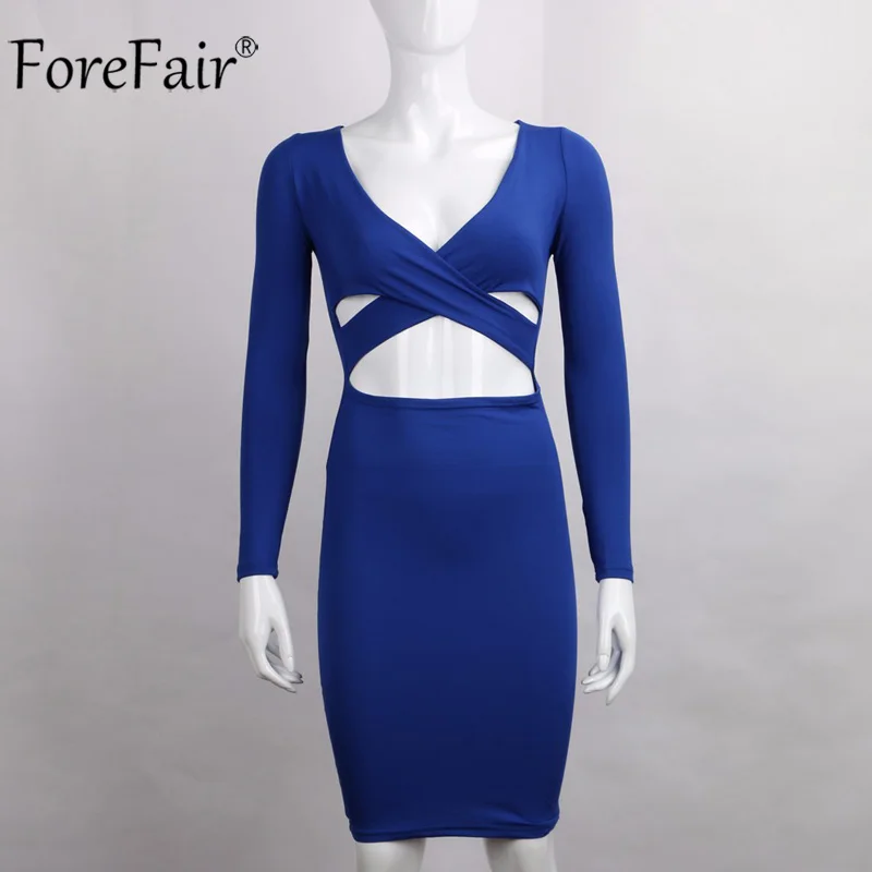 ForeFair с длинным рукавом Bodycon Midi Бандажное платье для женщин хлопок эластичные элегантные сексуальные платья белый черный красный Женское зимнее платье - Цвет: blue dress