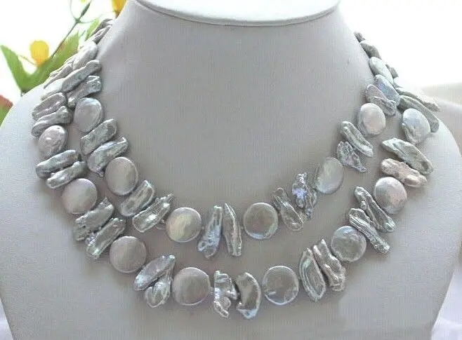 

FREE SHIPPING 33" 12MM GRAY COIN BIWA FRESHWATER PEARL NECKLACE HK1/V-88