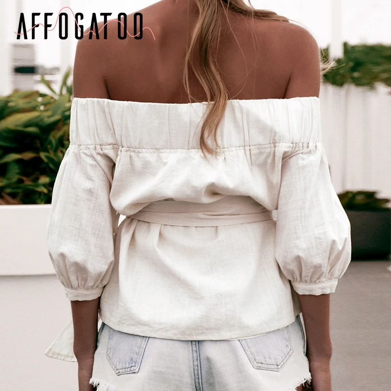 Afogatoo, сексуальная женская блузка с открытыми плечами и поясом, рубашка, винтажная, рукав-фонарик, хлопковая блузка, Женская Повседневная блуза на пуговицах