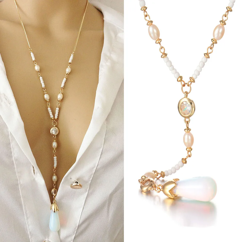 

GEREIT Gold Color Long Necklace For Women Chain White Faux Stone Water Drop Crystal Simulated Pearl Necklace & Pendant Jewelry