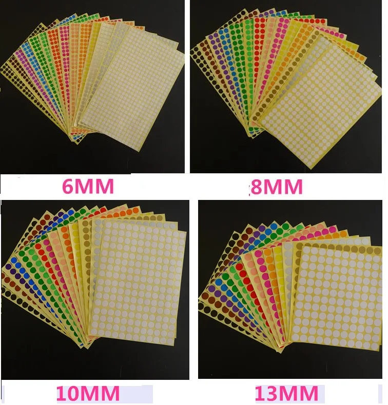 12 листов/упаковка разноцветные круглые цветные клейкие этикетки с кодом 6 мм/8 мм/10 мм/13 мм/16 мм/19 мм/25 мм/32 мм/50 мм /100 мм
