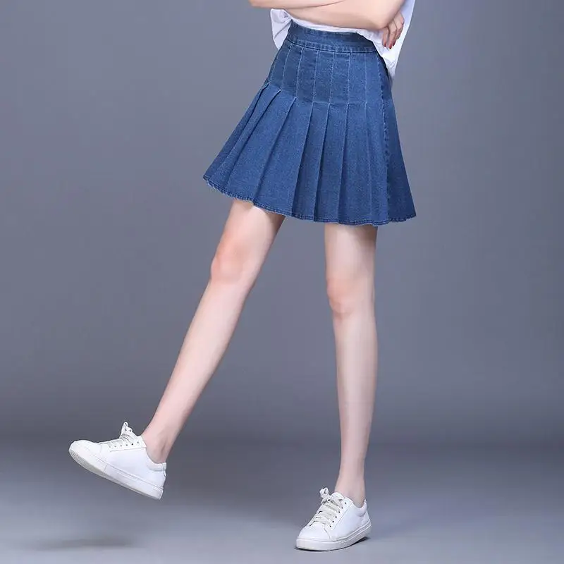 ELEXS Женская юбка летняя высокая Талия Джинсовая плиссированная юбка размера плюс с шортами под него E3224 - Цвет: Синий