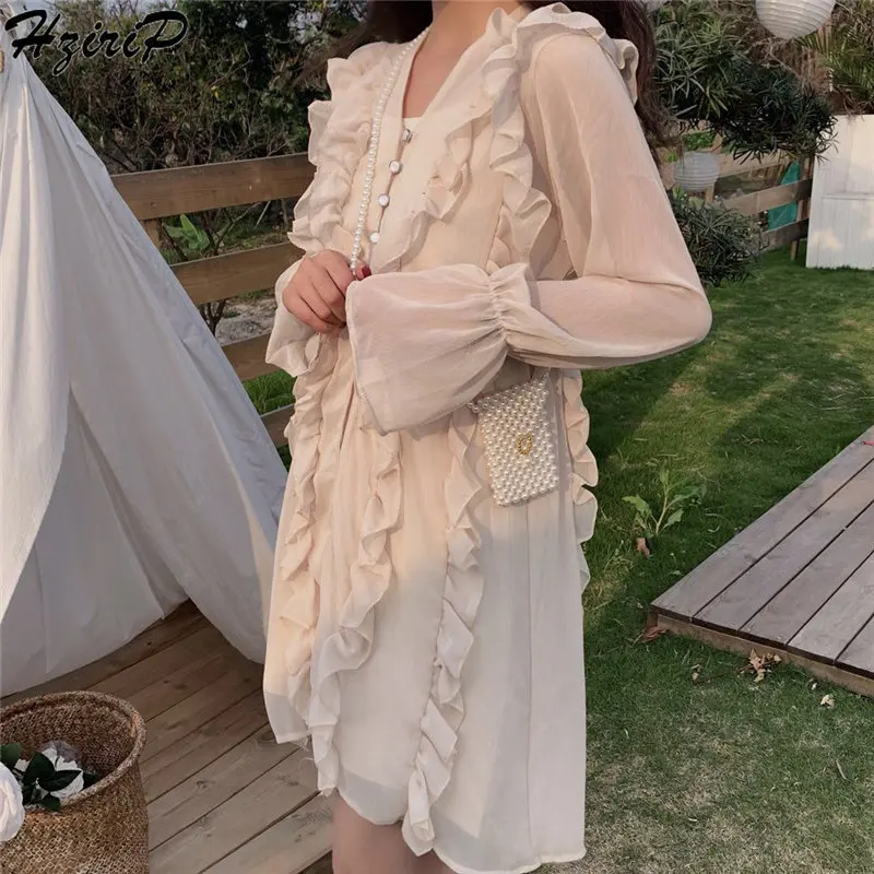 

Hzirip Korea Chic 2019 Summer Elegant Ruffles Sweet Female Fresh Simple Single Breasted Solid V-Neck Mini Dresses 2 Colors