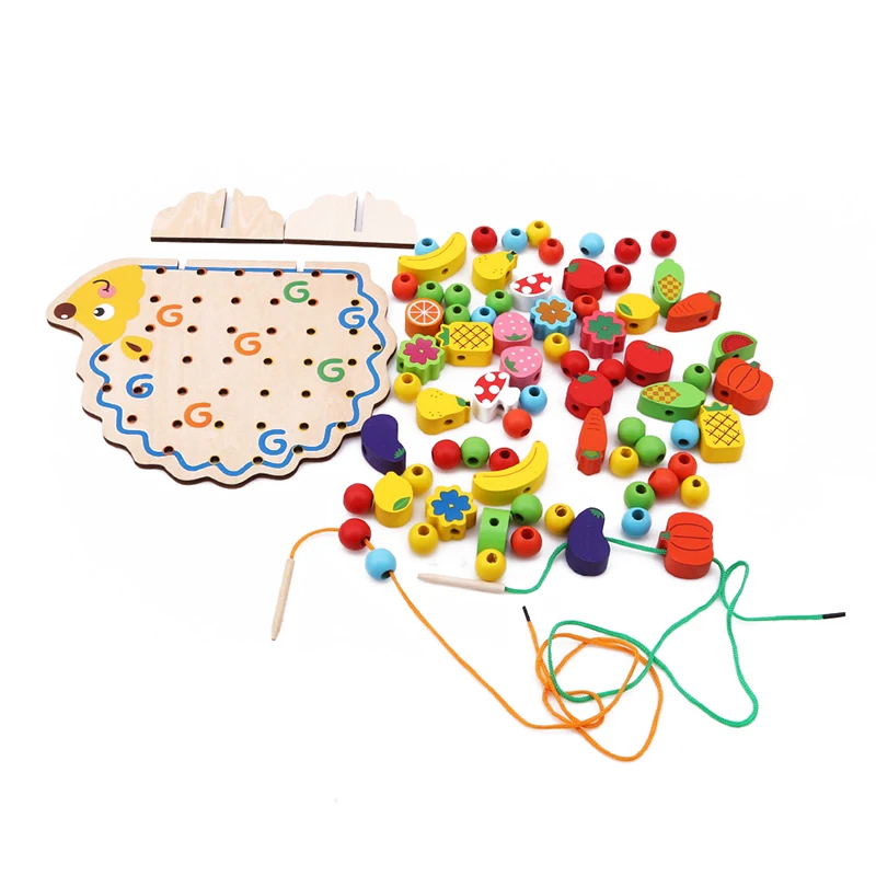 

New Wooden Fruits Vegetables Lacing Stringing Beads Toys with Hedgehog Board Montessori Educational Toy for Kids Children Gift