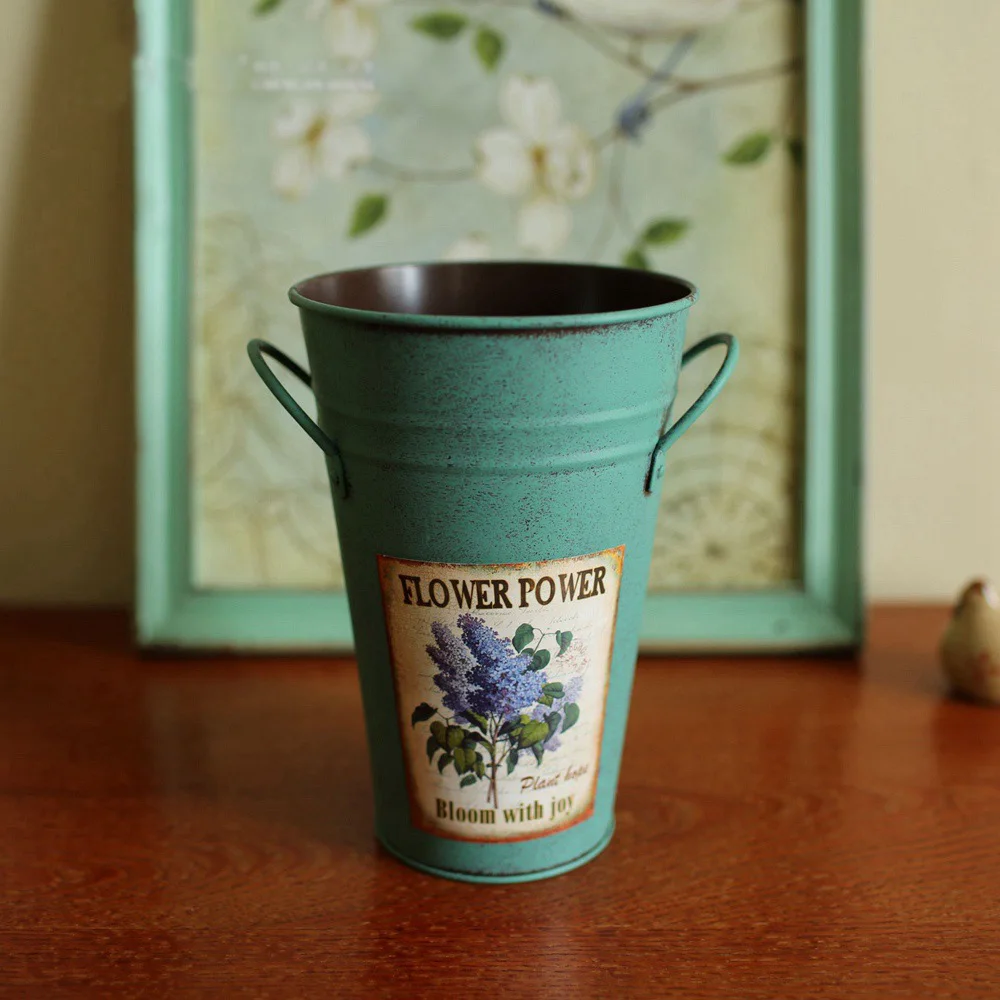 1 шт. американский стиль металлическая ваза для цветов с ручкой цветочный узор свадебный цветок расположение украшение дома высота 20 см - Цвет: Blue
