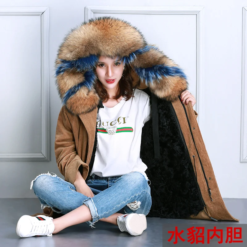 

Women corduroy coat with genuine sheep wool mink fur liner a large raccoon fur hood white green camel grey pink plus oversized