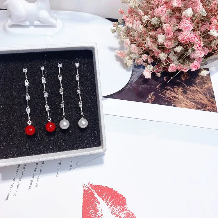 pearl cz long tassel earrings 925 silver post Hypoallergenic fadeless alloy fashion jewelry stud earrings for women girl gift