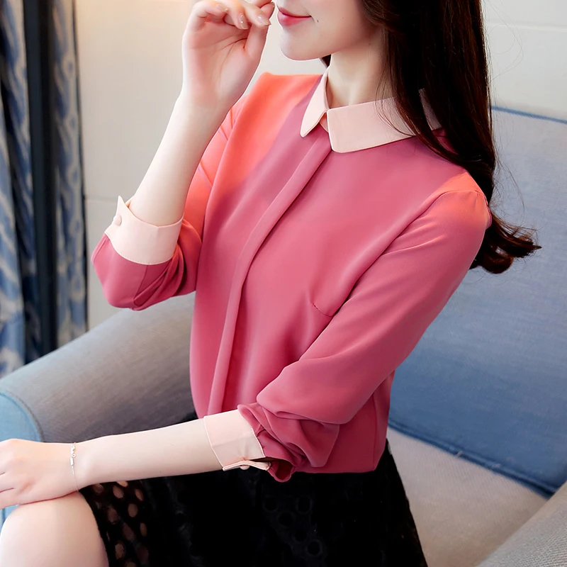

2018 spring long sleeve peter pan collar pink chiffon shirts wome office OL chiffon blouses women work wear chiffon tops