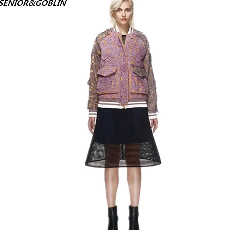 

2019 HIGH QUALITY New Fashion Autumn and Winter Women's Coat Portrait Runway Lace Jacket with Zepper 3D Flowers Embroidery Coats