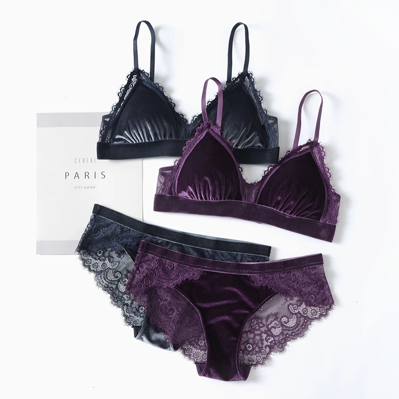 

2018 new 5 colors velvet thin bra with pad and transparent panties sets adjustable Bralette underwear women sexy sleepwear