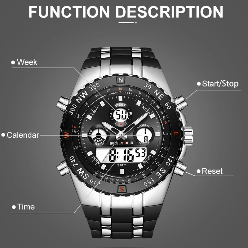 Бренд GOLDENHOUR, мужские спортивные часы, мужские кварцевые Многофункциональные военные часы, аналоговые цифровые водонепроницаемые силиконовые наручные часы