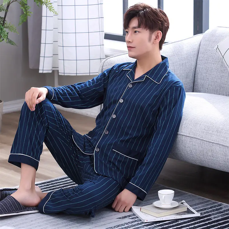 Мужская пижама плюс размер отложной воротник полосатые пижамы наборы 2019 осень зима мужская мода пижамы Мужская Повседневная Домашняя