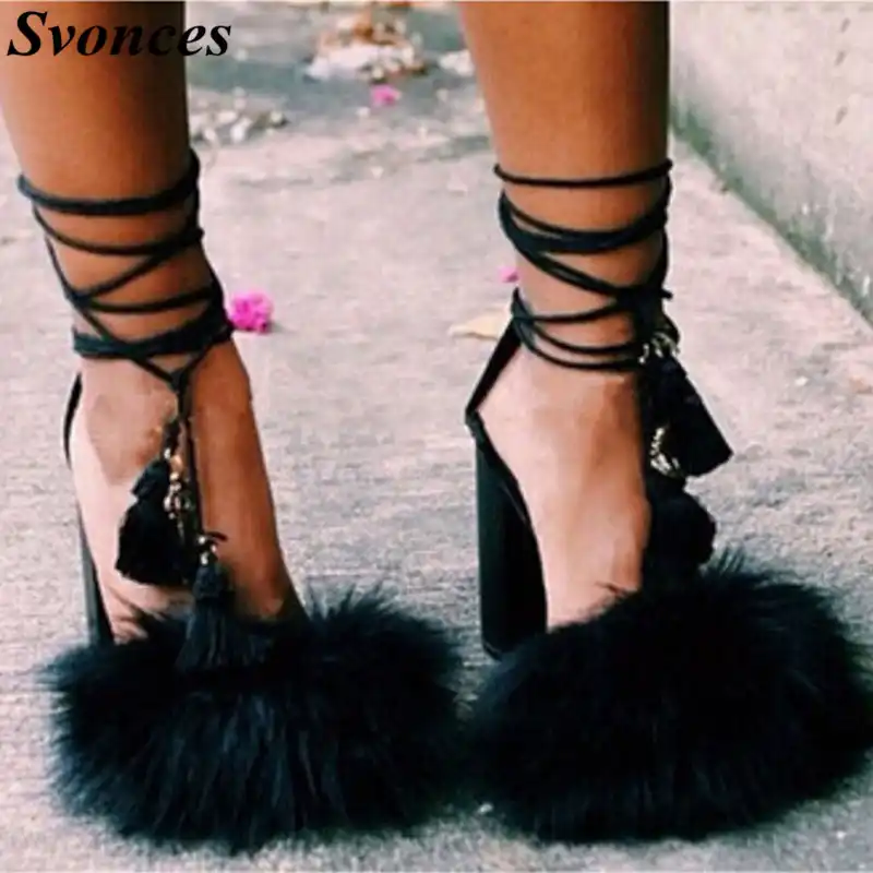 feather chunky heels
