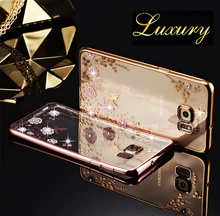 Flor que bling caso de diamante para samsung galaxy s5 s6 a5 a7 a8 a9 J5 J7 2015 2016 N3 4 5 TPU Macio Limpar Tansparent Telefone de Volta cobrir