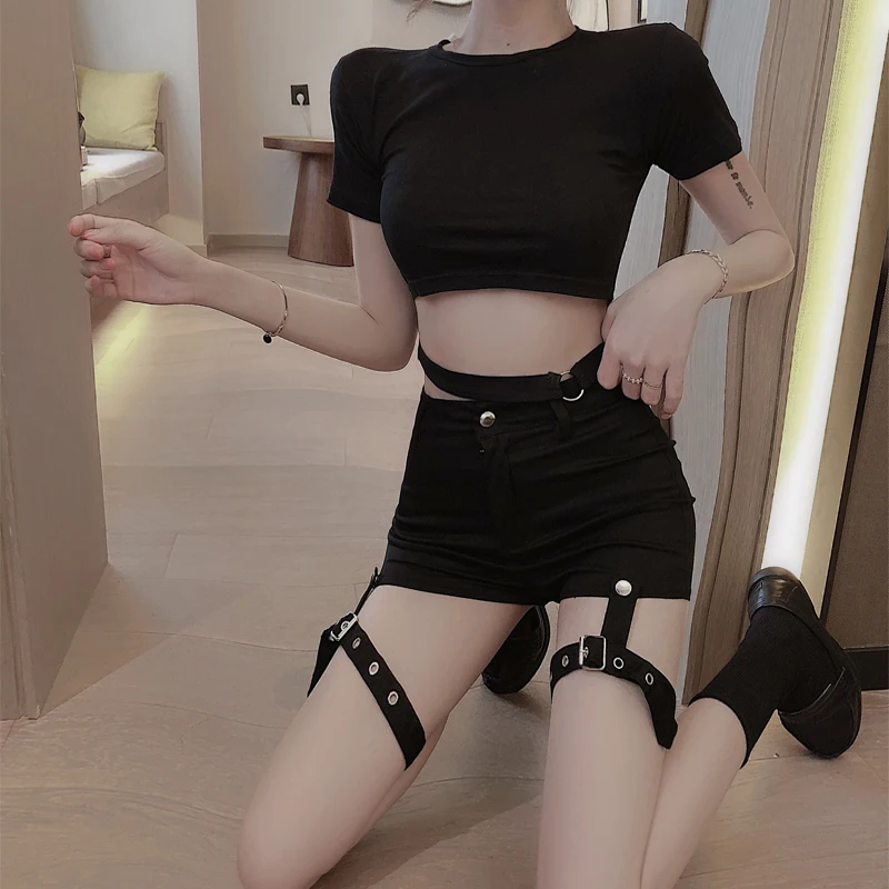 

2 Piece Set Club Outfits for Women Matching Sets Sexy Ring Open Navel Short T-shirt + High Waist Bag Hip Tight Hot Shorts