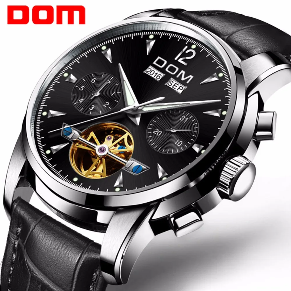 

DOM Men Mechanical Watch Waterproof Leather Fashion Luxury Brand Man Sports Watches Mens Multifunctional Wristwatch M-75L-1MW