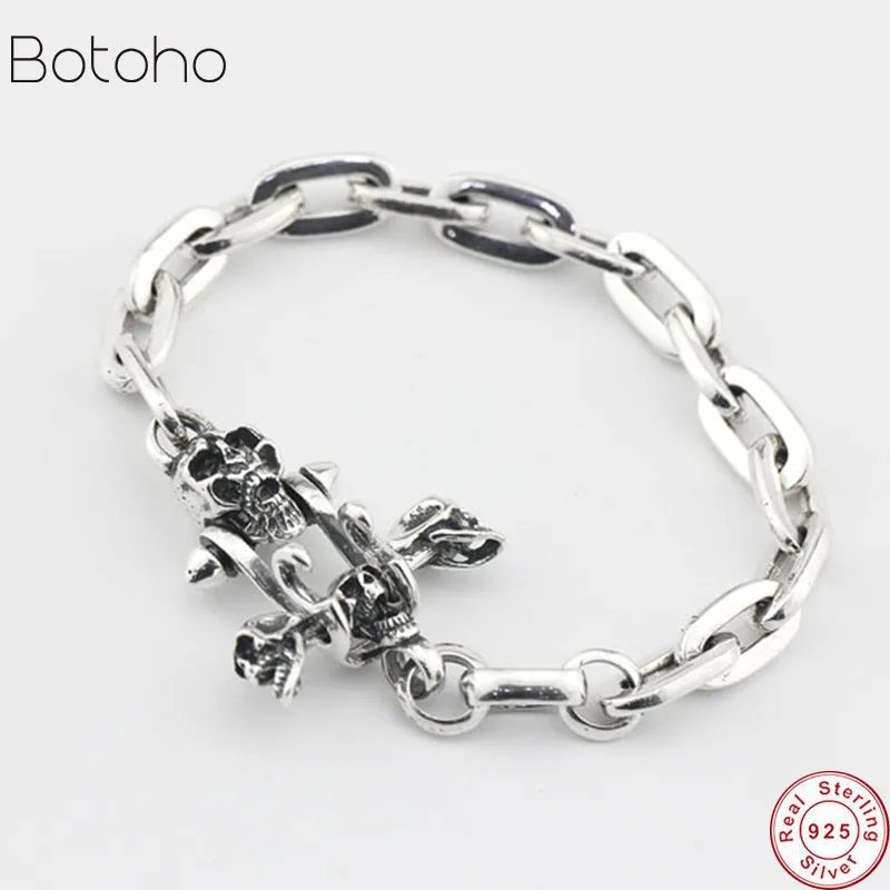 

Gothic Punk Skull Link Chain Toggle Bracelet For Men 100% 925 Sterling Silver Thick Men Chain Bracelet Cool Thai Silver Jewelry