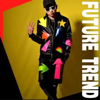 

New Fashion Collage Style PU Baseball Jacket Sets Nightclub Men Singers Slim Fit Stage Coat Costumes Plus Size ! M-5XL
