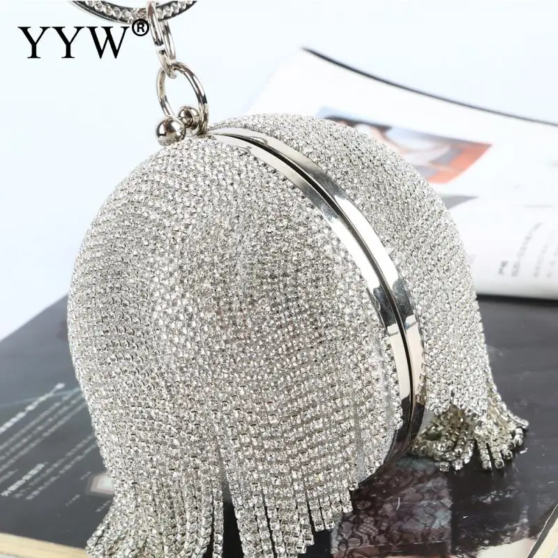  Sliver Diamonds Rhinestone Round Ball Evening Bags For Women 2018 Fashion Mini Tassels Clutch Bag L - 32958415735