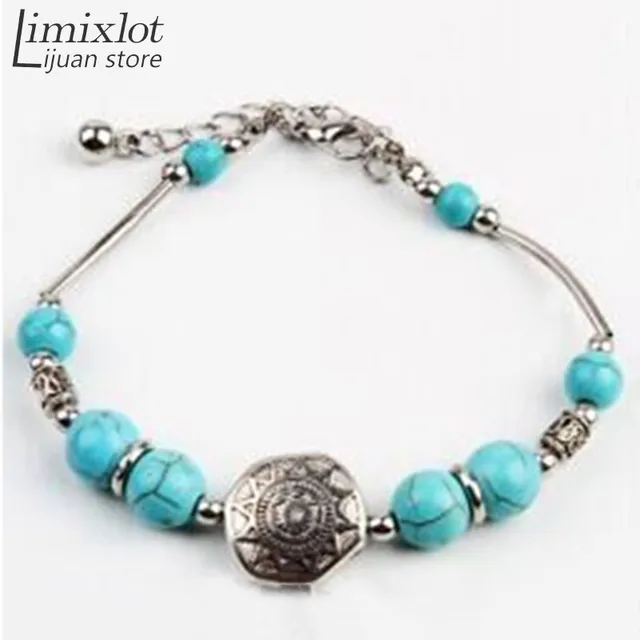Natural Blue Stone Bracelet Bangle Flower Tibetant Silver Handmade Natural Blue Stone Bracelet Bangle Flower Tibetant Silver Handmade Beads Bracelets For Women Vintage Boho
