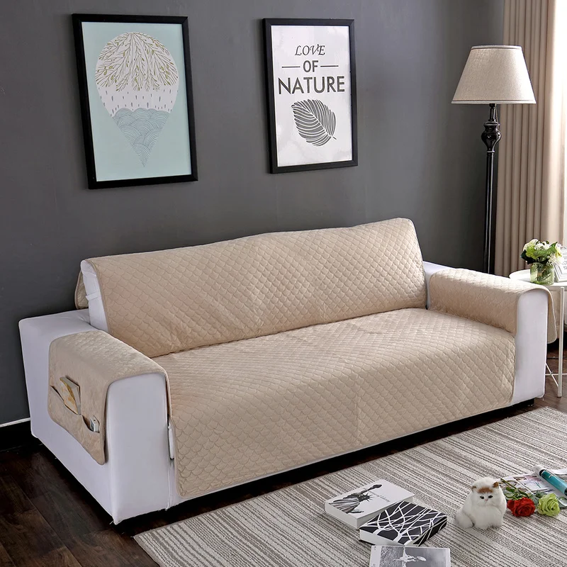 

Universal Plush Sofa Cover for 1/2/3 Seat Non-slip Sofa Protector Pad for Pet Kids Child with Storage Pocket Washable Removable