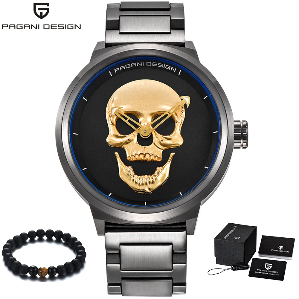

PAGANI Design Luxury Brand Punk Style Skull Watch Men Stainless Steel Band Quartz Military Wristwatch Mens Clock reloj hombre