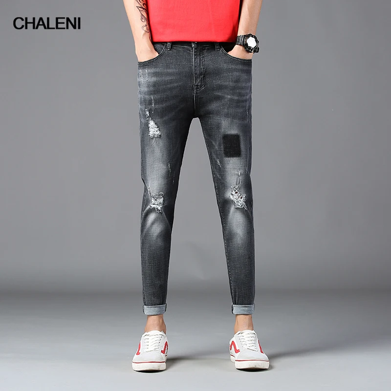 Spring and summer section hole jeans men scratch Slim feet pants Korean