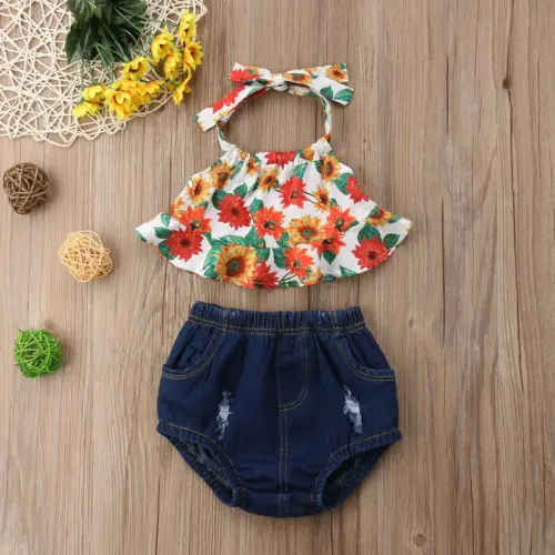 

Toddler Infant Baby Girl Sunflower T-shirt Top Short Pants Summer Outfit Clothes Baby Sleeveless Cotton Floral Baby Clothing Set