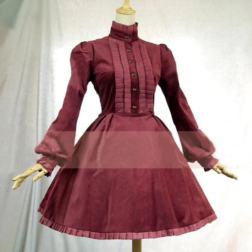 Vestido de oficina de Primavera Otoño de mujer británica vintage lolita disfraz de pana vestido Casual plisado largo rompevientos - 2