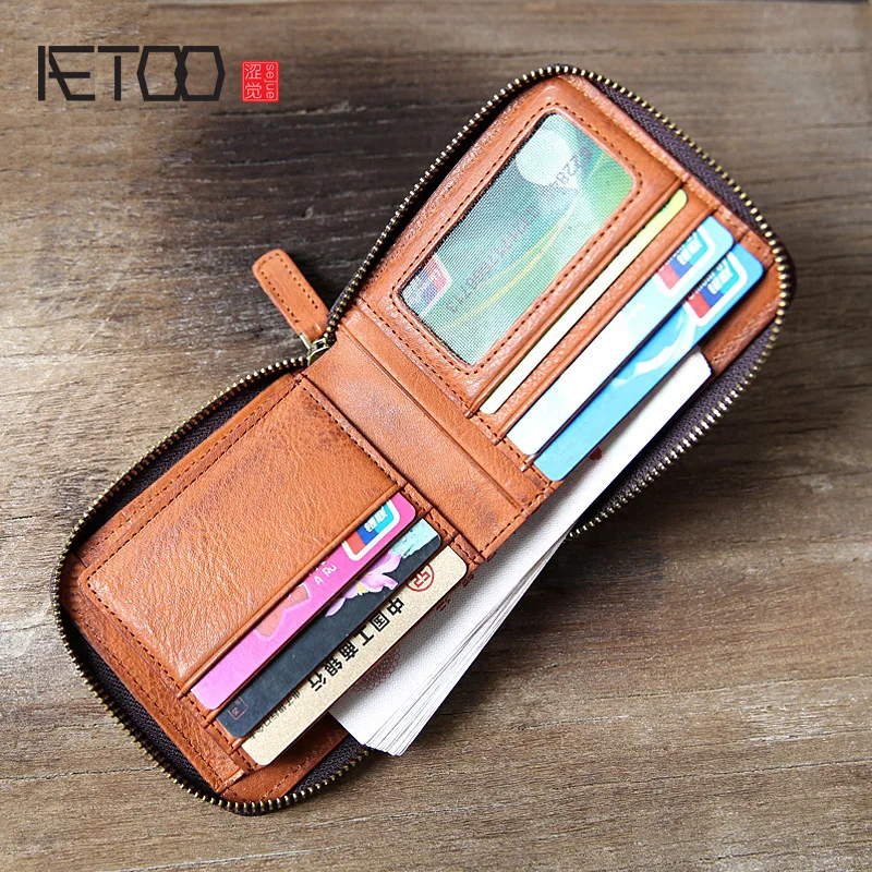 

AETOO Retro zipper Vintage wallet men leather short section men's money chucks first layer of leather Japan and South Korea