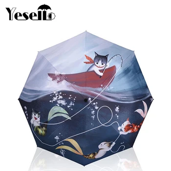

Yesello Cat Fish Printed 3 Folding Women Umbrella Sunny Rainy Manual Umbrellas Rain Gear