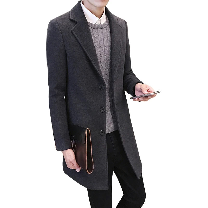 Осень-зима, мужское шерстяное длинное пальто, куртка, мужское кашемировое пальто, верхняя одежда, приталенное, синее, черное, шерстяное пальто, M-3XL - Цвет: Темно-серый