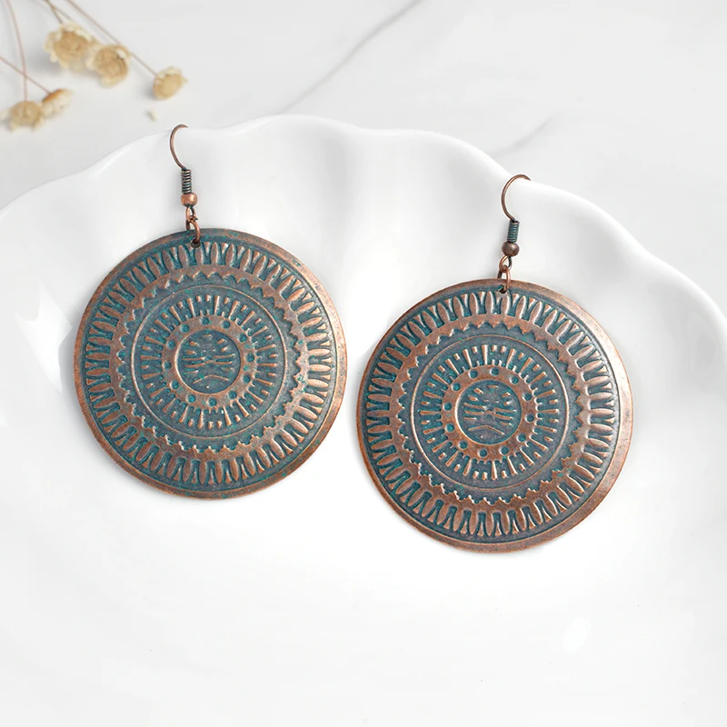 

Statement Earring Vintage Bronze Large Disk Totem Boho Dangle Drop earrings Earrings for women
