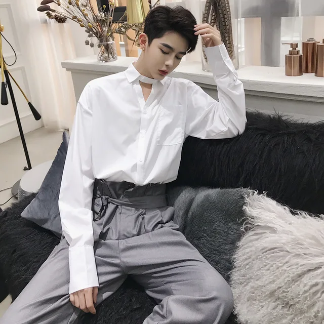 Men Dress Shirt Slim Fit White Men Blouse Long sleeved Solid Color