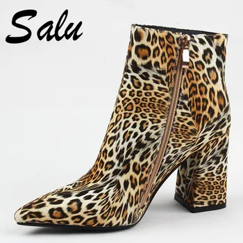 

Salu Women Boots Leather Thick High Heel Zipper Boots Pu Leather Shoes Pointed Toe Ankle Boots Shoes Woman Size41 42 43
