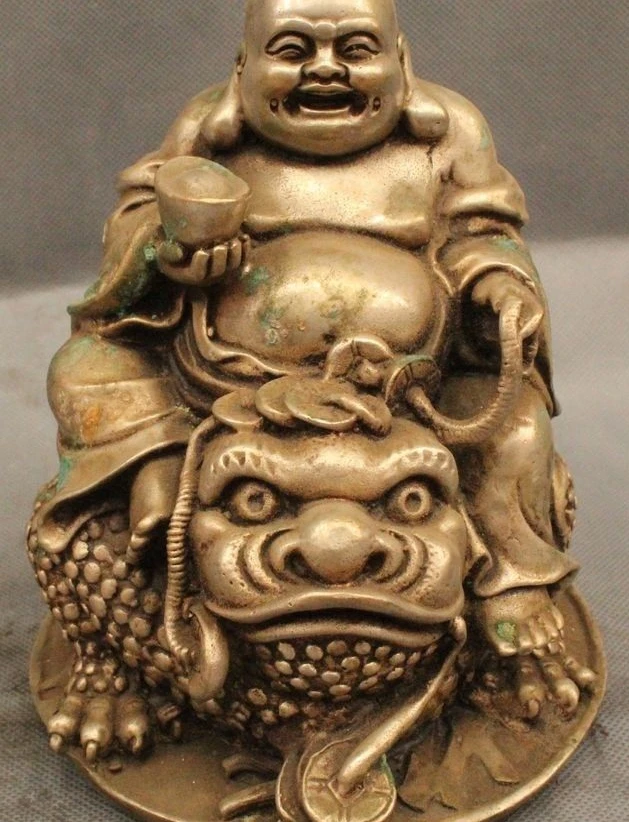 

7" Chinese Silver Wealth Happy Laugh Maitreya Ride Golden Toad Spittor Statue