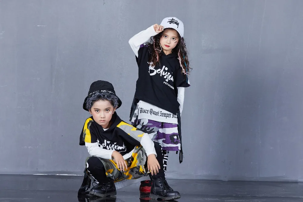 Spring Autumn Boys Girls Street Dance Clothes Suit Children's Fashion Print Performance Tracksuit Kid Hip-Hop Sportswear Outfit (41)