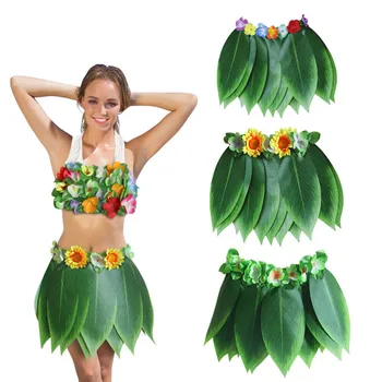 

Hawaiian Tropical Leaves Floral Boho Beach Dance Skirts Summer Short Hula Grass Party Luau Skirt Costume Sundress Adult Child