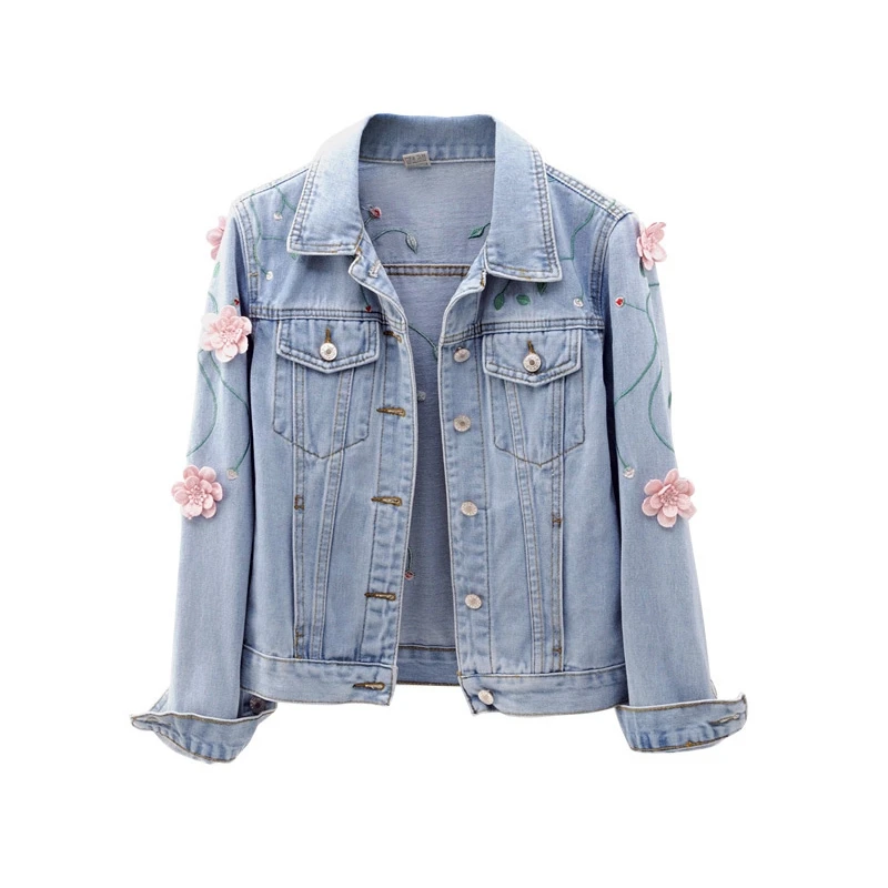 Greatest  Spring embroidery Denim Jacket For Women Long Sleeve Turn down Collar Slim Jeans Jacket Women Plus 